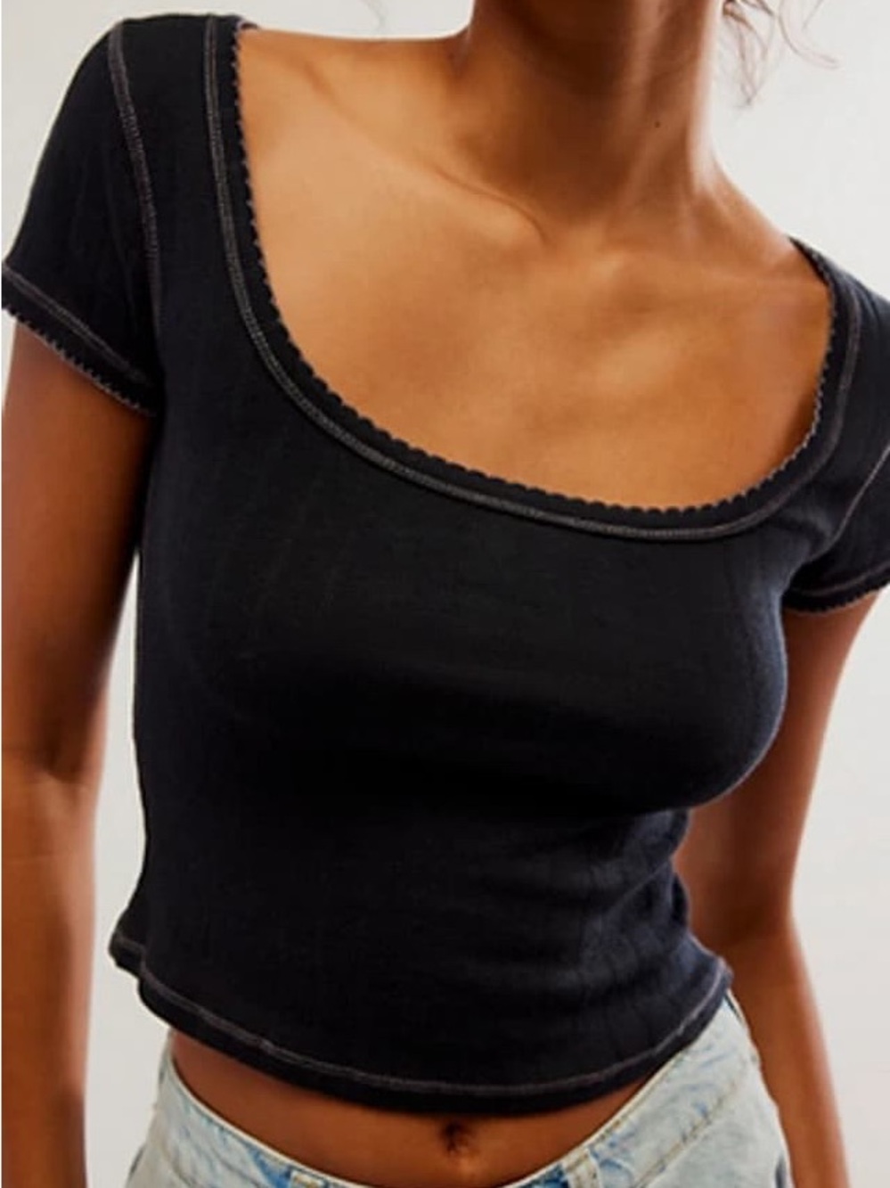 Free People end game pointelle Black Baby Scoop Neck Short Sleeve Crop Tee